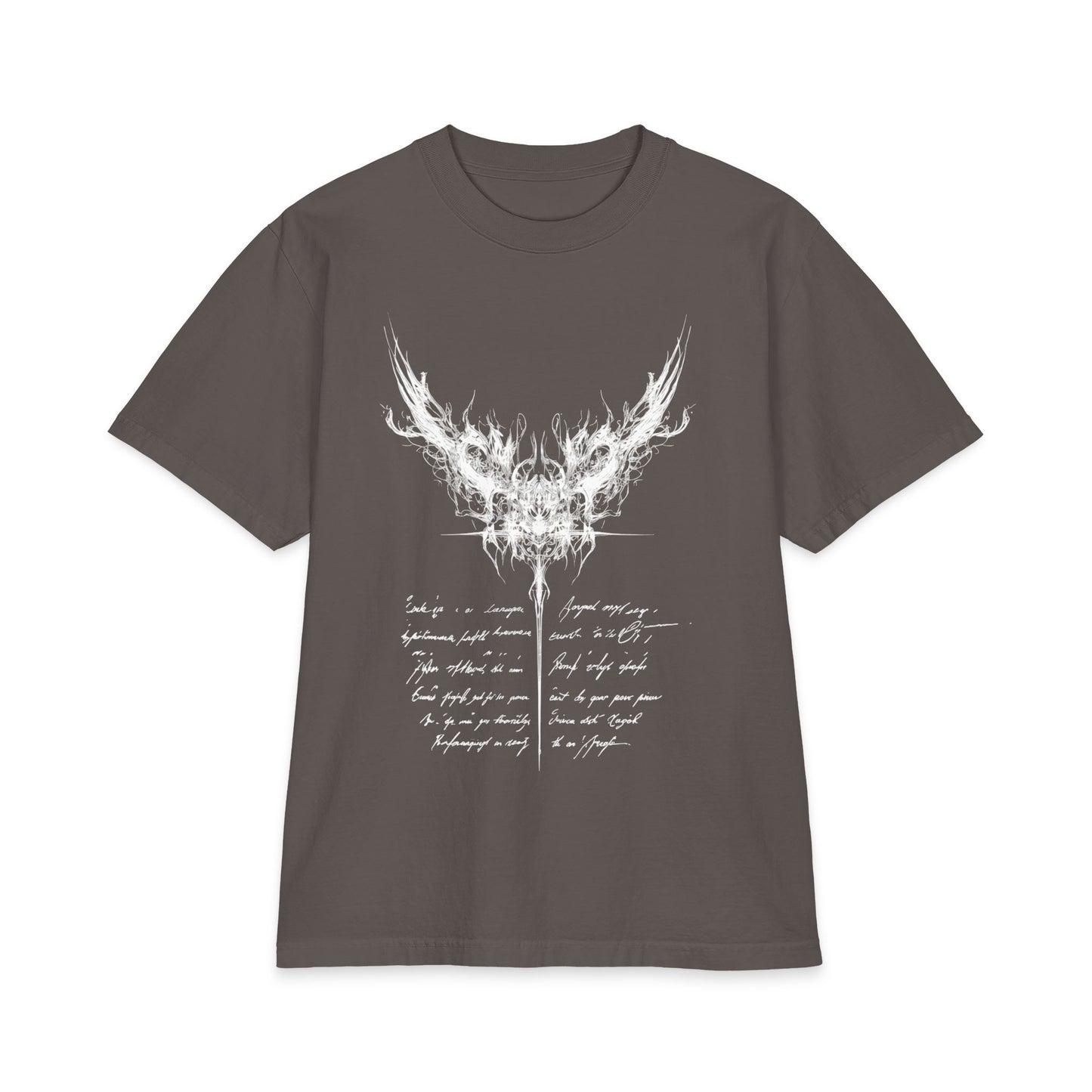 Gothic Smoke Wing T‑Shirt — Script Poem Graphic Tee