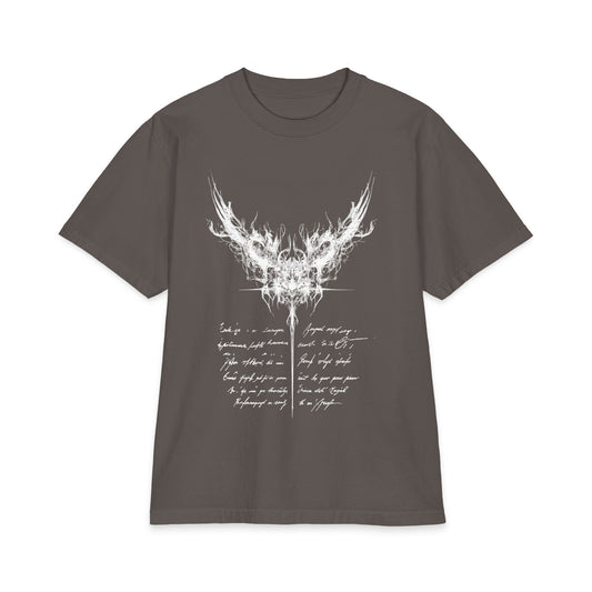 Gothic Smoke Wing T‑Shirt — Script Poem Graphic Tee