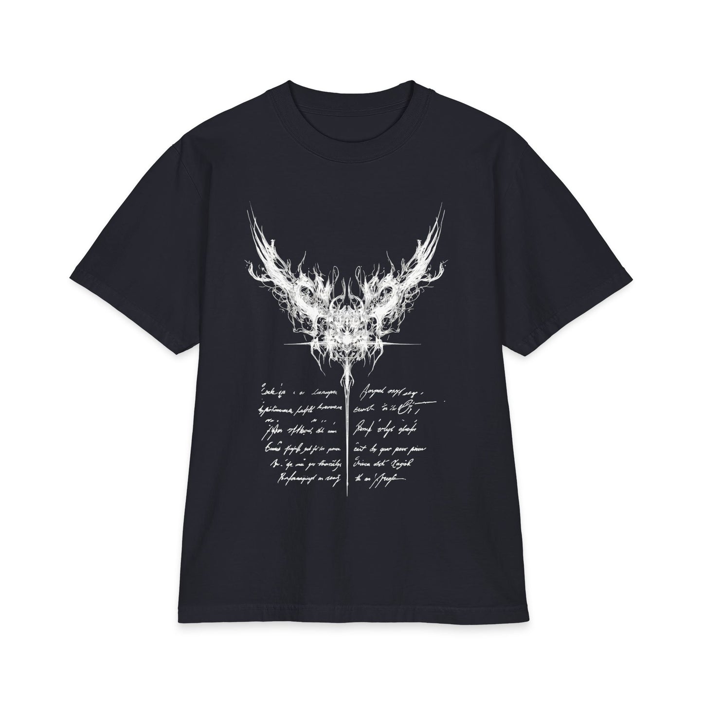 Gothic Smoke Wing T‑Shirt — Script Poem Graphic Tee