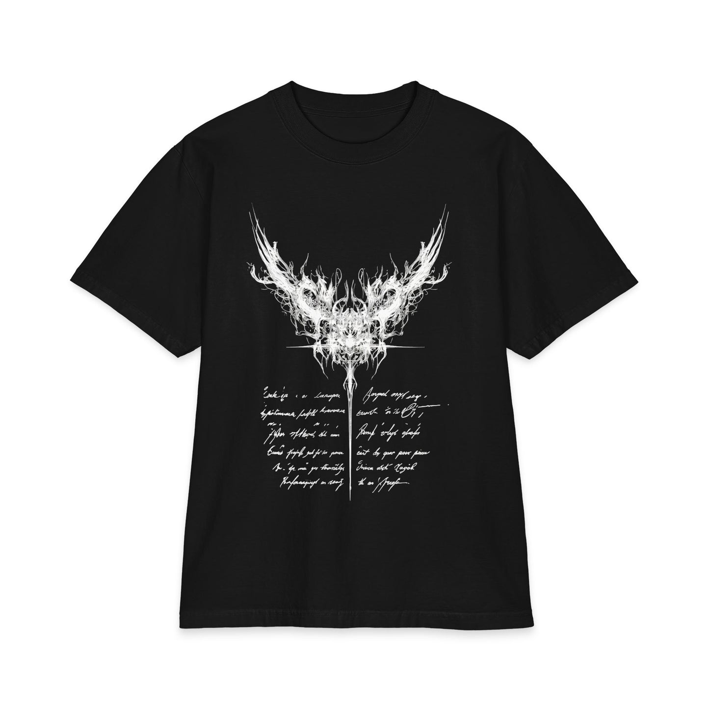 Gothic Smoke Wing T‑Shirt — Script Poem Graphic Tee