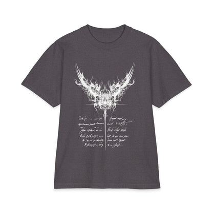 Gothic Smoke Wing T‑Shirt — Script Poem Graphic Tee